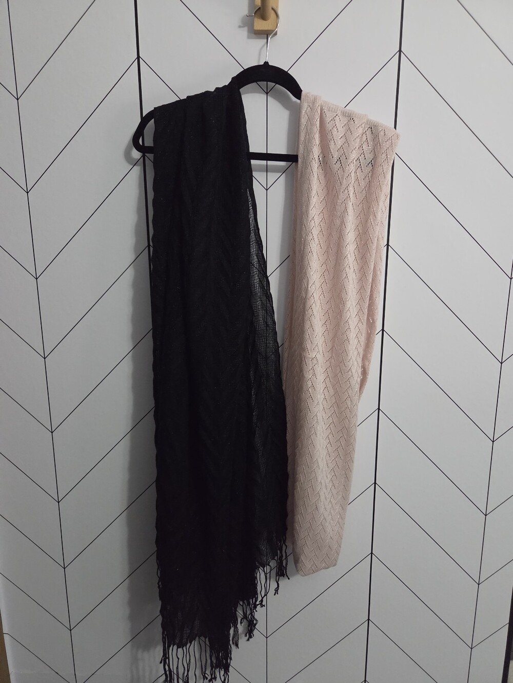 Set of 2 Shimmer Metallic Scarves - Black Gauze with Tassels & Pink Infinity